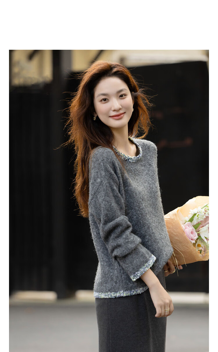 Demana【With Merino Wool】Autumn Fluffy Beaded Yarn Colorblock Crewneck Loose Fit Petite Knit Sweater for Women 1