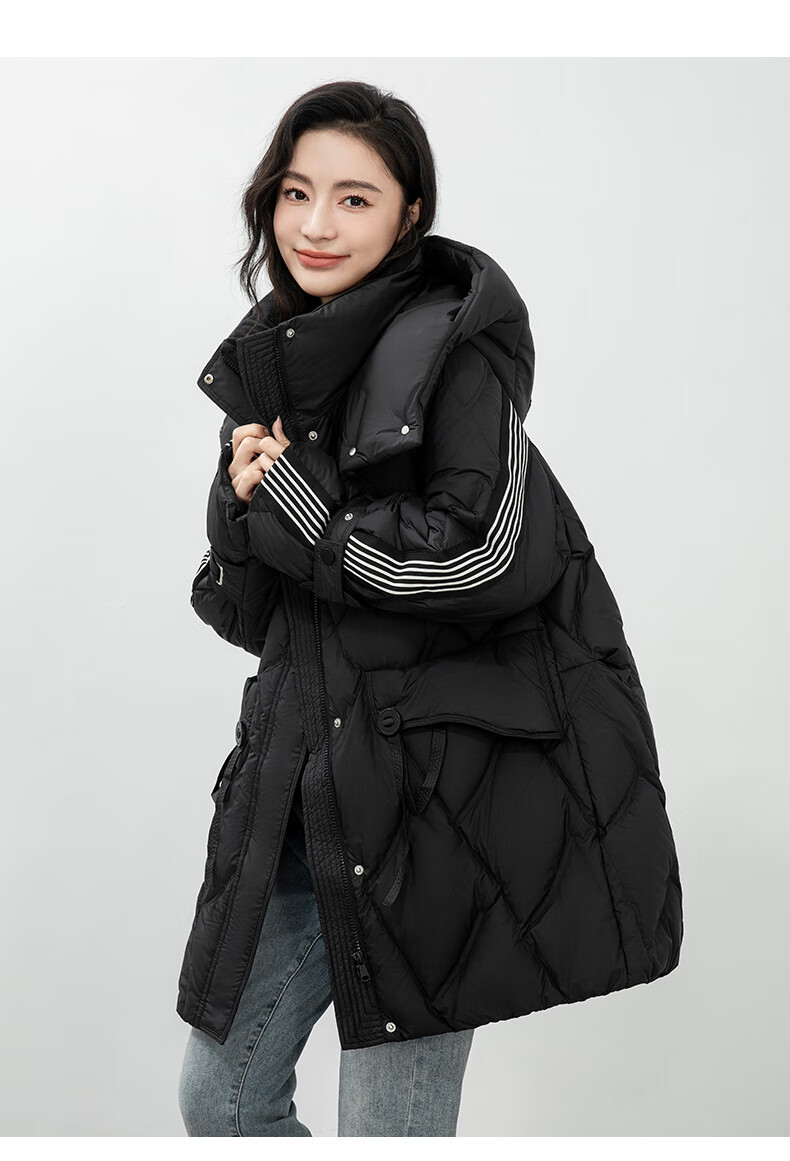 BLOOM FLOWERS Women's Down Jacket 2025 Winter Mid-Length Solid Color Striped Fashion Casual Hooded Warm Coat 31