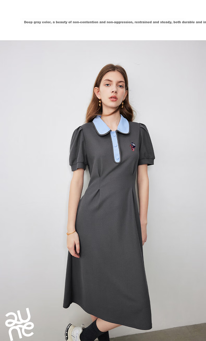 Chuyu Polo Collar Dress with Waist-Cinching Slimming Effect for Women, New Summer 2025 A-Line Short-Sleeve T-Shirt Midi Skirt, Gray, Size S 13