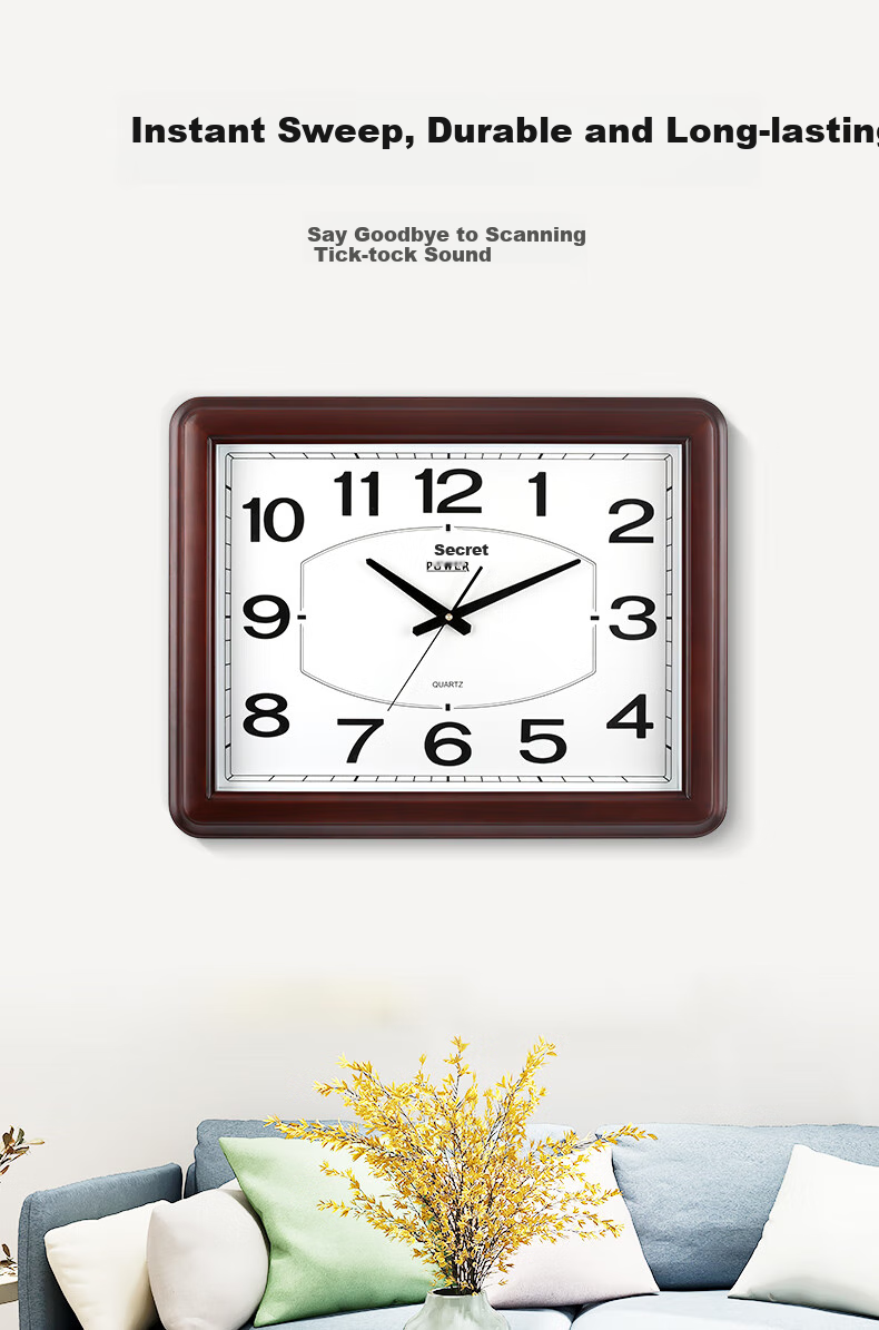 POWER Bawang Wall Clock, Length 54cm, Large Square Design for Living Room, Office Wall-Mounted, Chinese-Style Simple Wooden Wall Clock 1801CKS 2