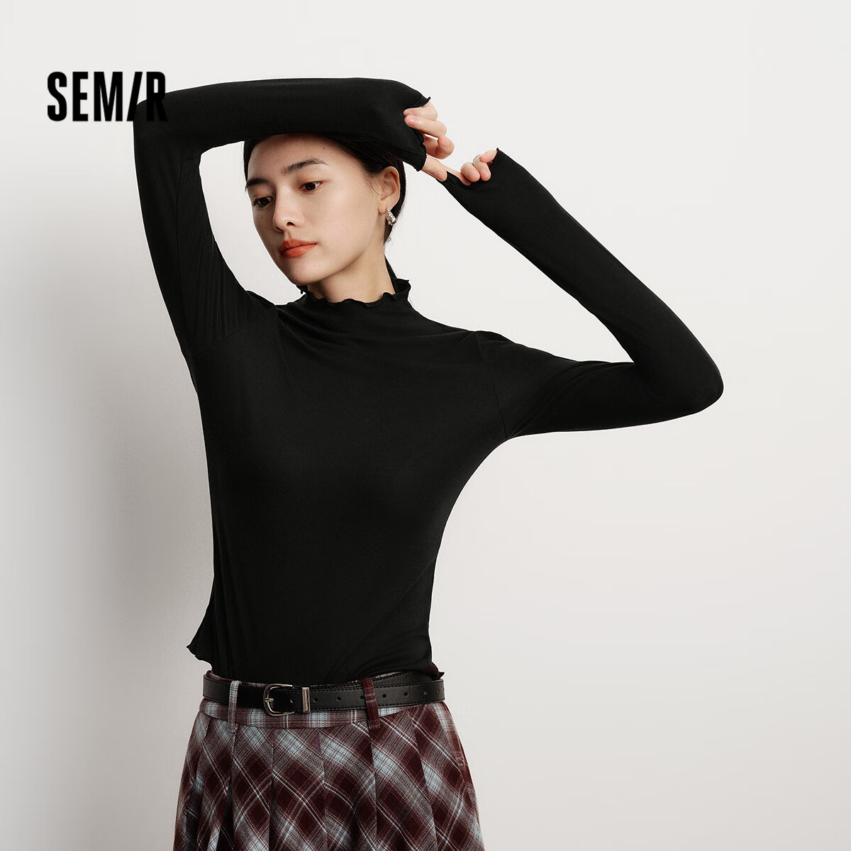 Женская футболка Semir с длинным рукавом, с высоким воротником, приталенная, зимняя коллекция 2025, с флисовой подкладкой, с рюшами, базовая термофутболка