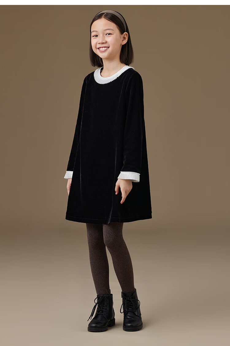 Hacikis Kids Autumn Winter French Hepburn Style Children's Lace Velvet Girls Long Sleeve Dress Thick Mousse Black 160 6