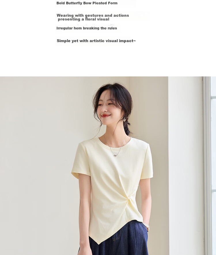 Shangdu Bila Slim Fit Slimming Pure Cotton T-Shirt Women Summer Design Irregular Short Sleeve Elegant Top Black S 2
