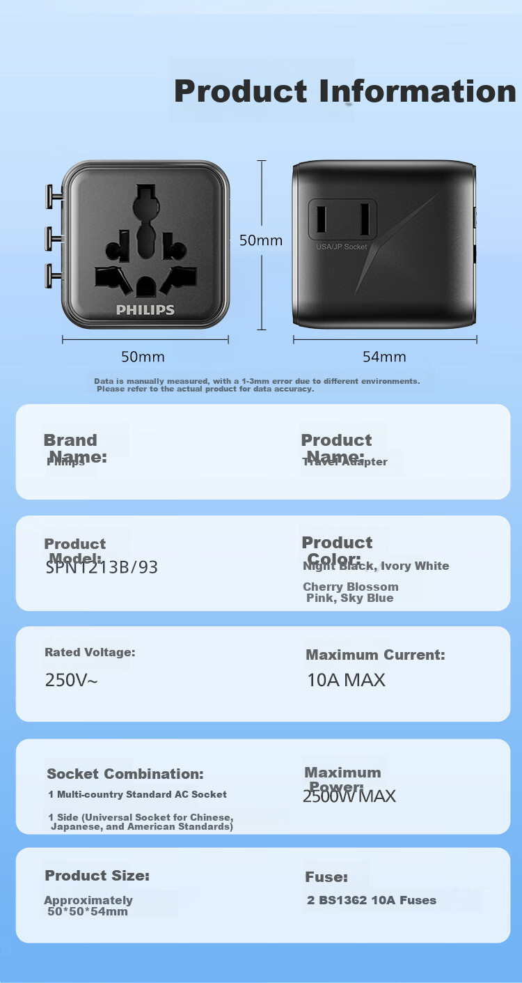 PHILIPS Side-Insert 2-Outlet Travel Adapter/multi-Country Universal International Travel Socket Converter/Compatible with UK, EU, US, AU, Japan, Hong Kong, Singapore, Thailand, Includes Powder 10