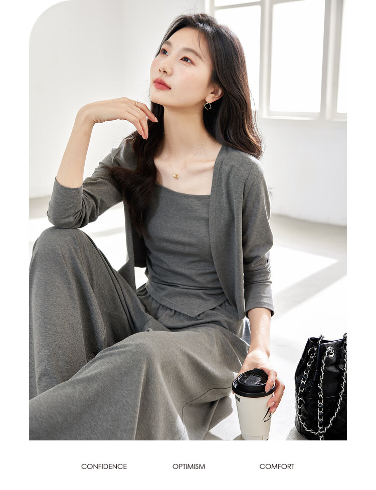 Fansiman Slimming Concealing Set for Women Autumn New Slim Fit Camisole Top Pants Skirt Casual Three-Piece Set Dark Gray XL 3