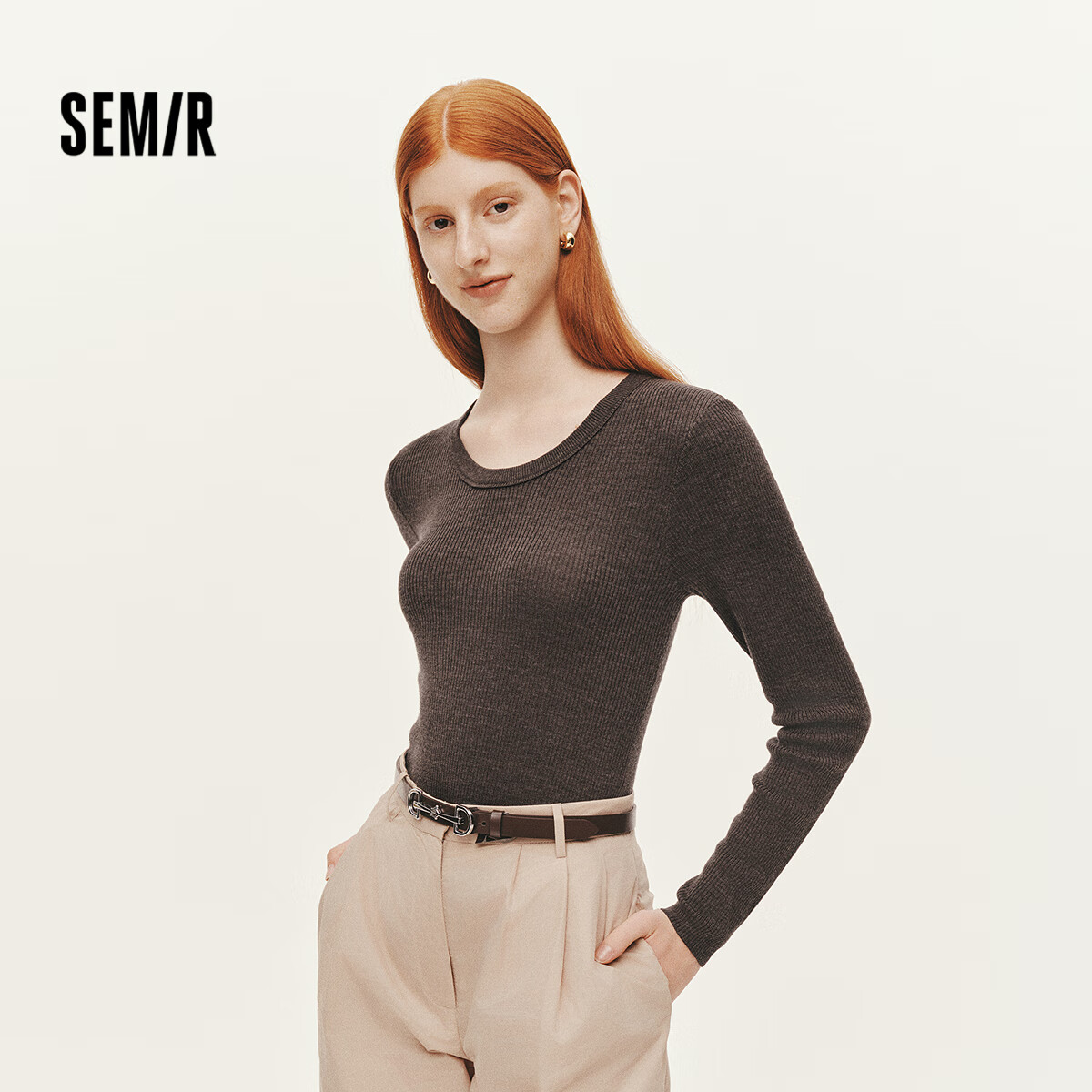 Semir Women's Winter Knitted Sweater Eggshell Neck Solid Slim Wool Top 2025 109725107004