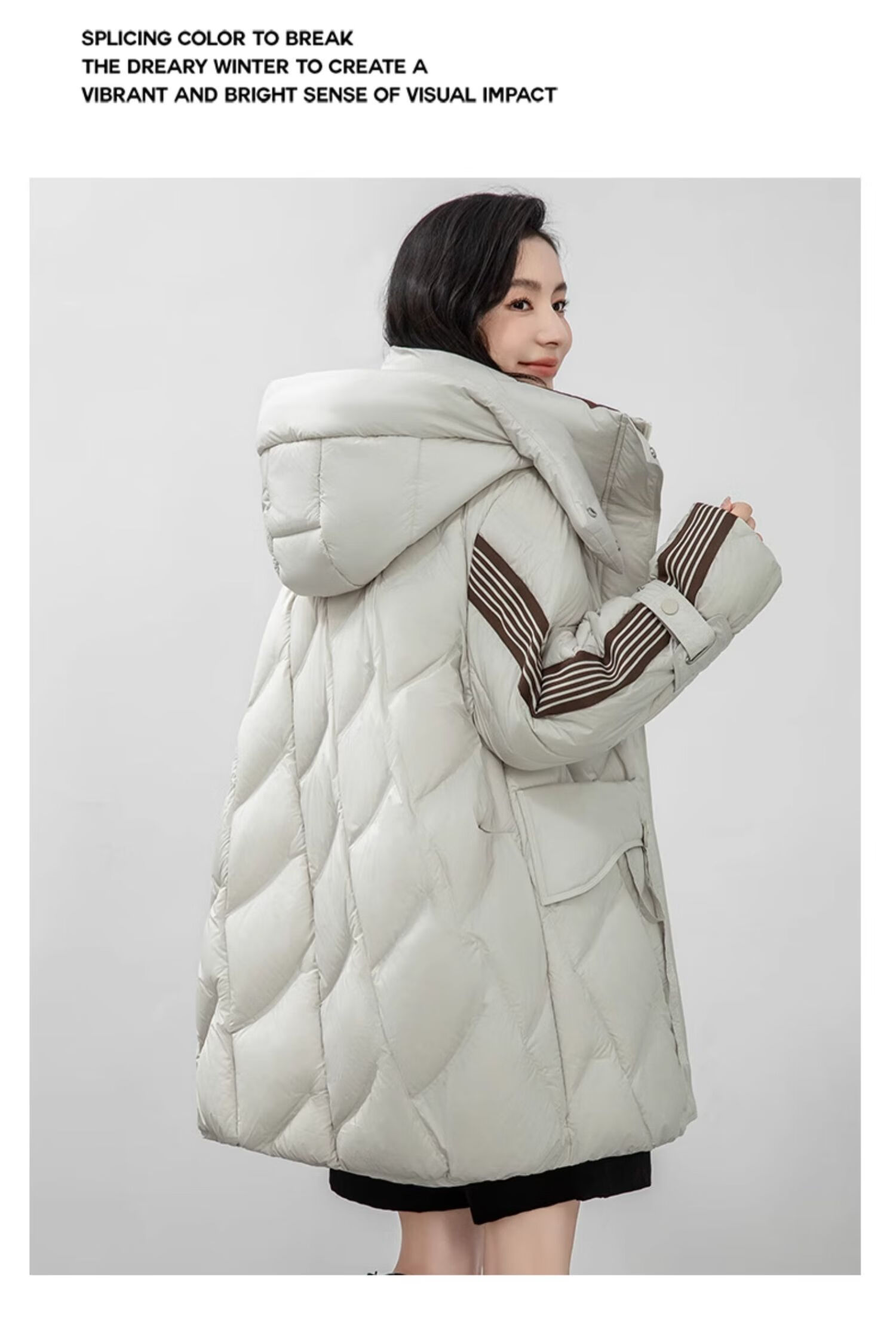 BLOOM FLOWERS Women's Down Jacket 2025 Winter Mid-Length Solid Color Striped Fashion Casual Hooded Warm Coat 19