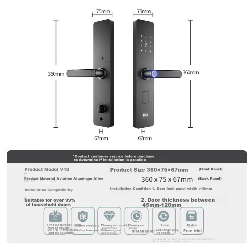 BECK Smart Door Lock, Home Fingerprint Lock, Entrance Password Lock, Anti-Theft Intelligent Electronic Lock, On-Site Installation, C-Level Lock Cylinder V10