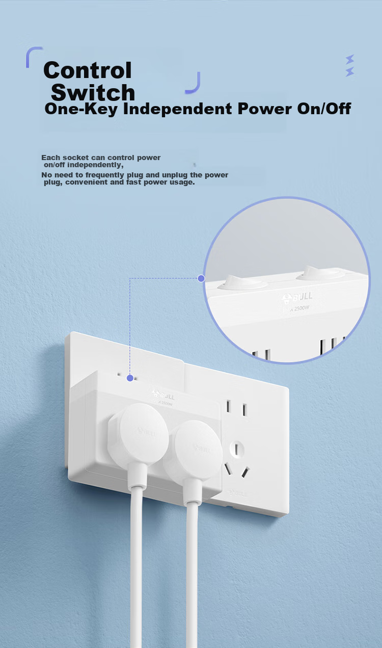 BULL Power Strip Extension, Multi-Outlet Adapter, Converter Plug, Power Bar, Suitable for Bedroom And Kitchen, 3 Outlets without Switch, GN-ZA221 4