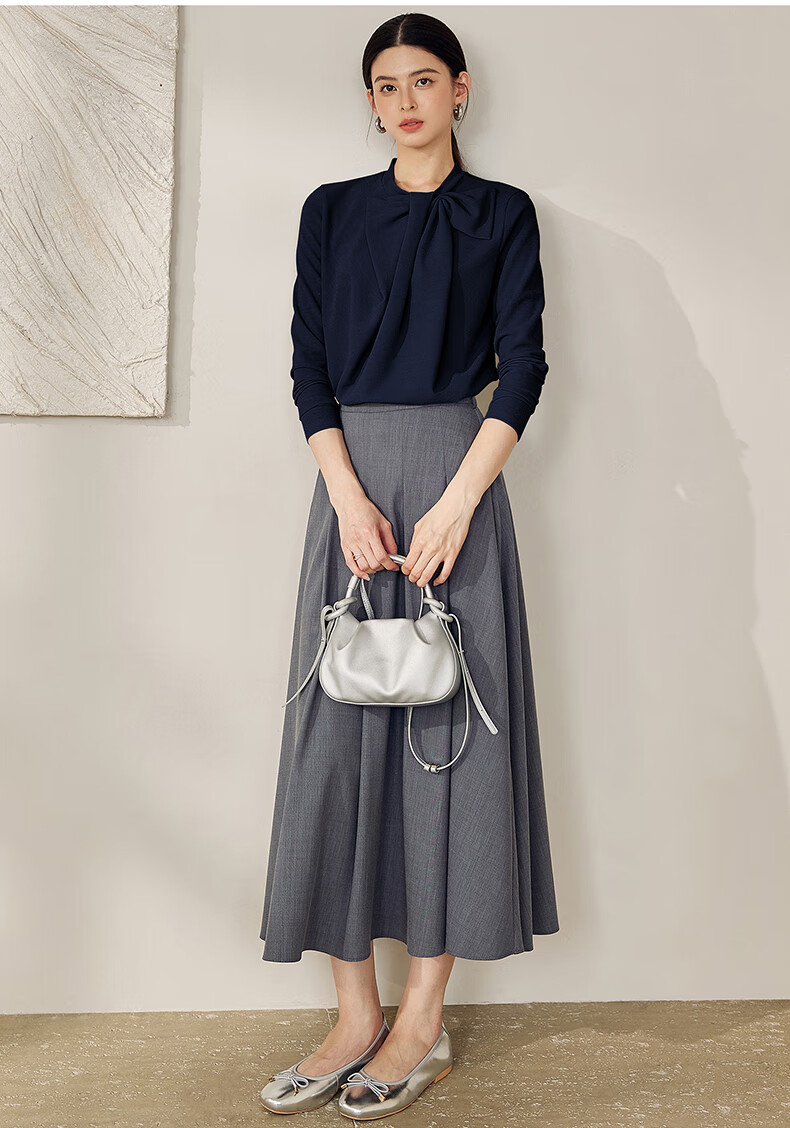 ROEYSHOUSE French Style Shiny Silk Bow Long Sleeve Knit T-Shirt for Women Spring 12691 Dark Blue M 11