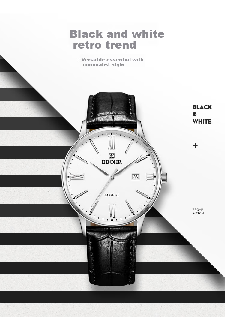 EBOHR Men's Watch, Master Series, Simple White Leather Strap Quartz Men's Watch, Birthday Mid-Autumn Festival Gift, 36000234 1