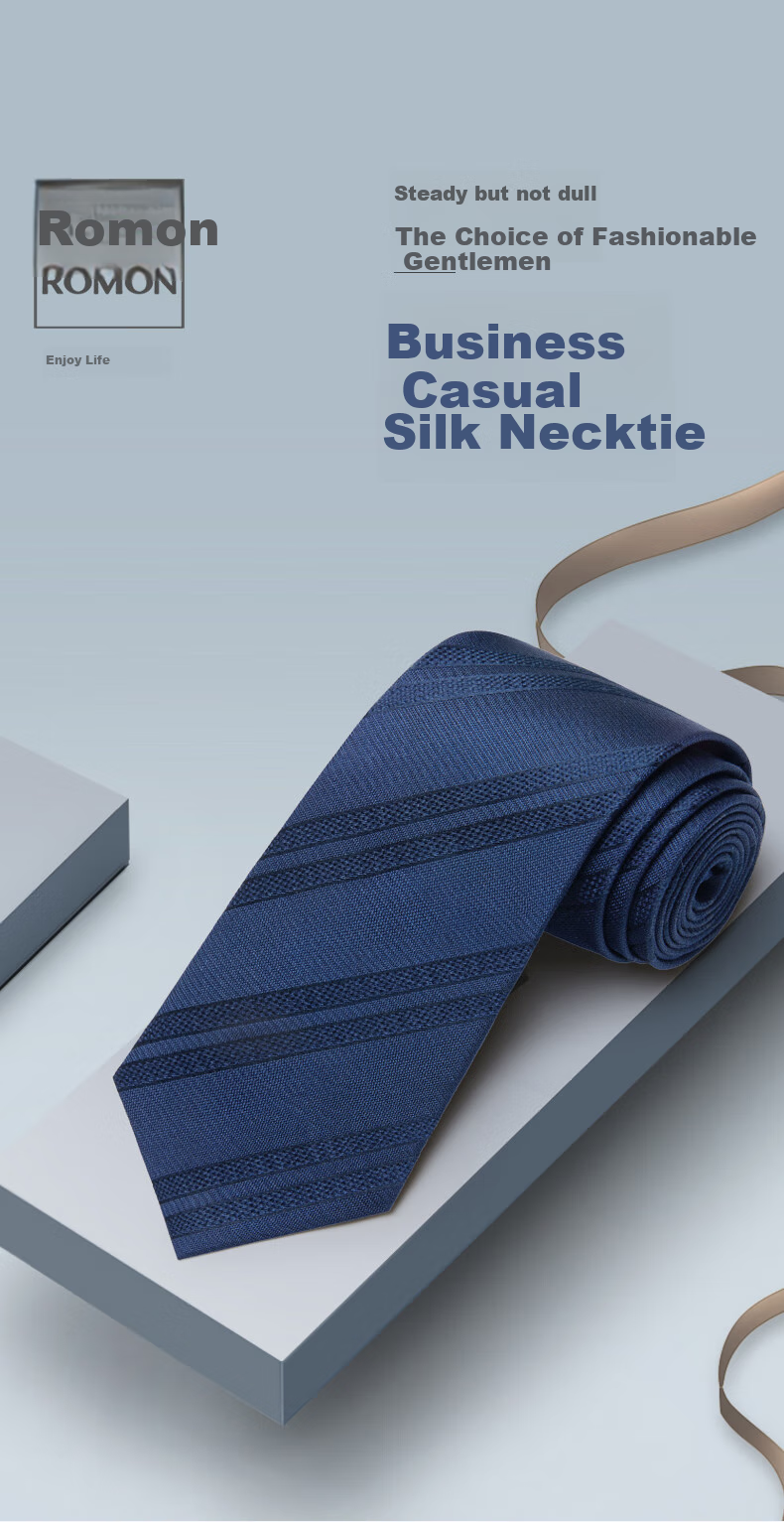 Luomeng Men's Business Formal Striped Navy Blue Silk Tie, Hand-Tied, 8 Cm, Gift Box Packaging 1