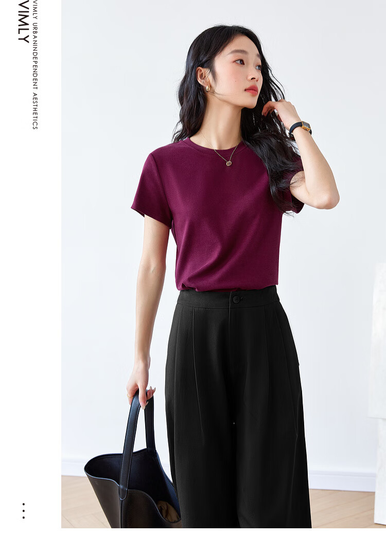 Vimly Dopamine Color Short-Sleeve T-Shirt for Women, Summer New Style Versatile Round Neck Loose Base Top, Dark Burgundy, S 3