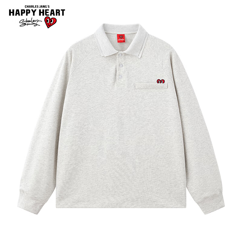 Charles Peach Heart Vintage Polo Shirt Unisex Autumn Trendy Loose Fit Classic Collar Solid Color Couple Long Sleeve Light Heather Gray XS