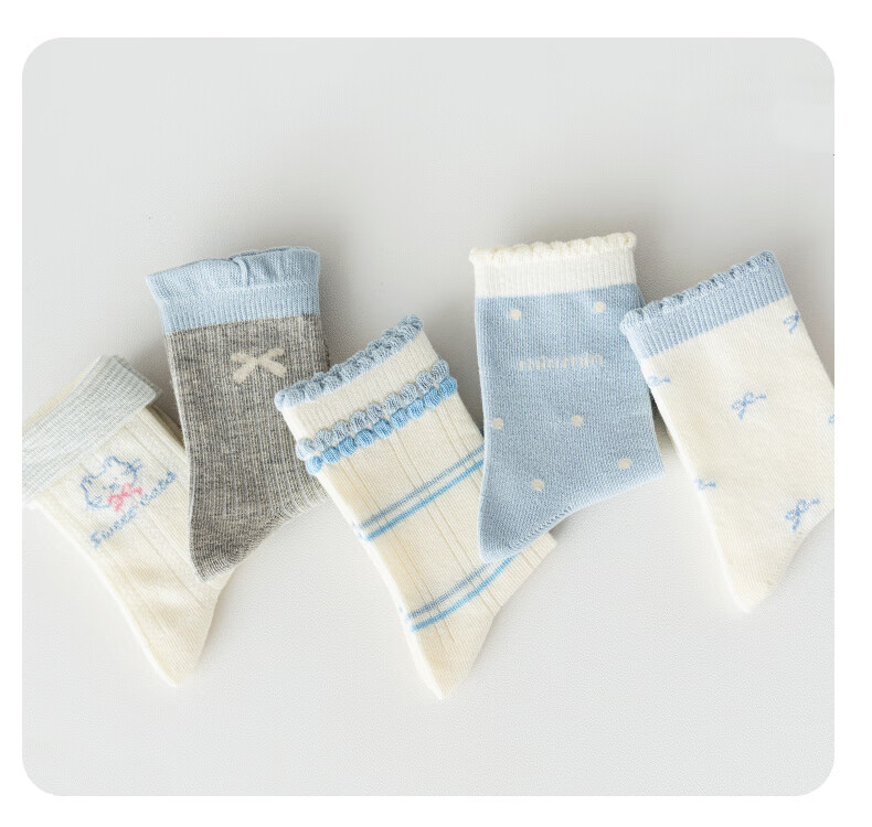 Five Cotton Flowers 5 Pairs Children's Girls' Spring Autumn Thin Cotton Mid-Calf Socks Seamless Antibacterial Odor-Resistant Durable Mid-Calf Socks 7