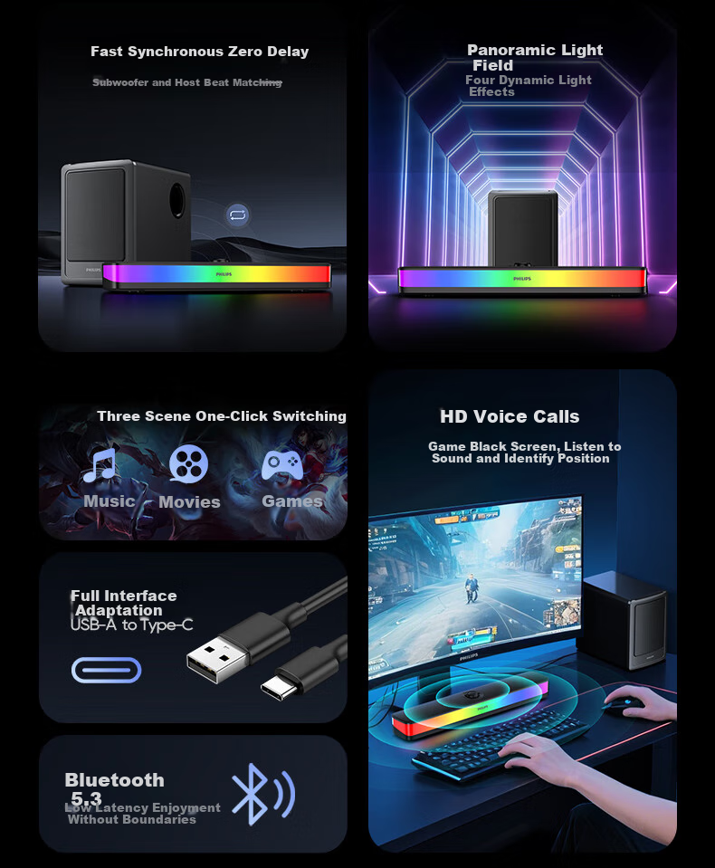 PHILIPS Bluetooth Speaker Computer Speakers Desktop Laptop HIFI 2.1 Multimedia Gaming Subwoofer Combo Set Delta Audio Gaming E-Sports Gift SPA6120 2