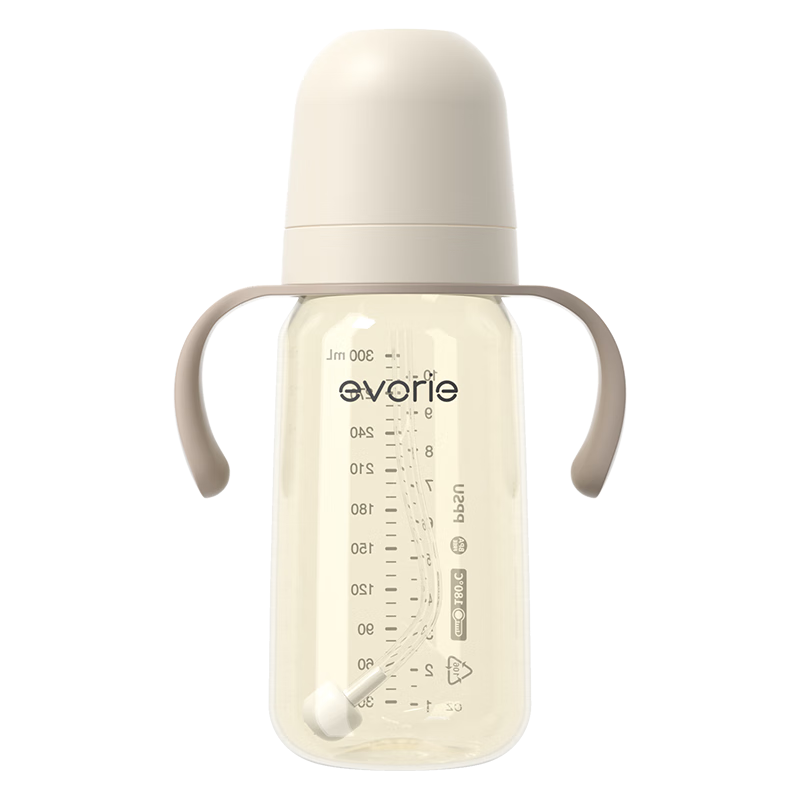 Evorie Premium PPSU Baby Bottle Wide Neck 300ml with Handle Milk Apricot White (9 Months+)