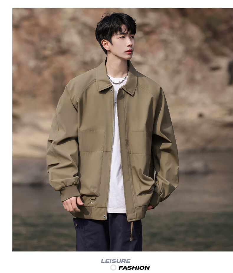 Foss Phil Men's Jacket, Spring And Autumn Casual Loose Fit, Japanese Retro Simple Solid Color Coat for Men, 2510 Amber Black 2XL 3