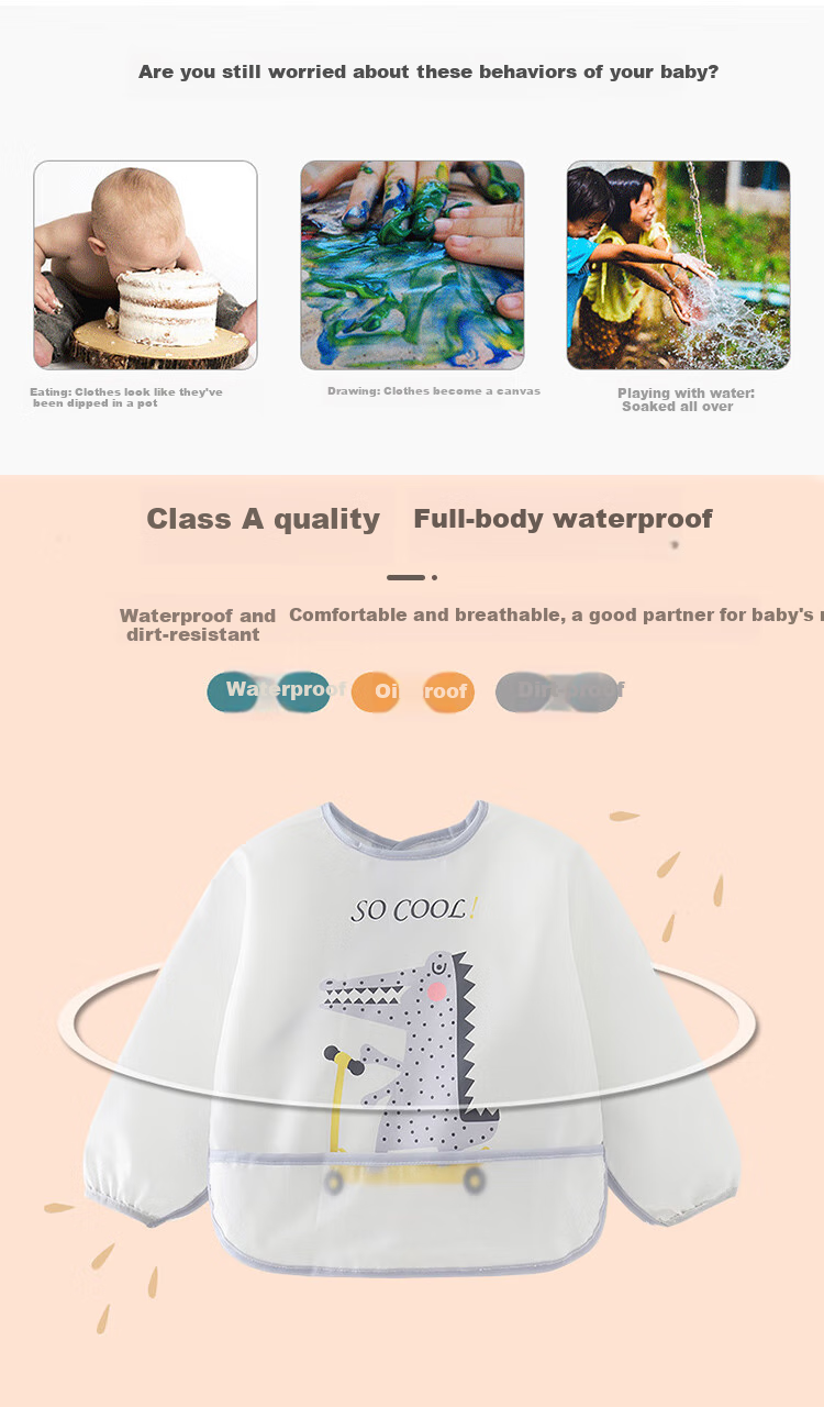 9I9 Baby Eating Smock, Waterproof Long-Sleeve Infant Apron, Kindergarten Bib, Drawing Smock, Anti-Dirt A110 Dinosaur 3