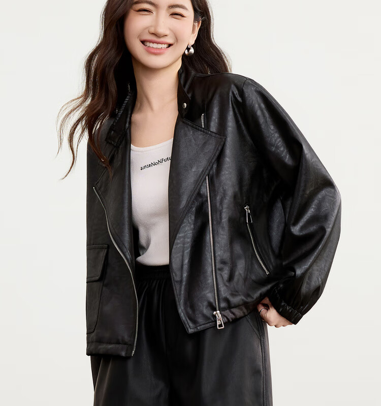 Sentubila Women's Casual Asymmetric Zip-Up Stand Collar Jacket Autumn Loose Slim Leather Texture Cardigan Drawstring Top 4
