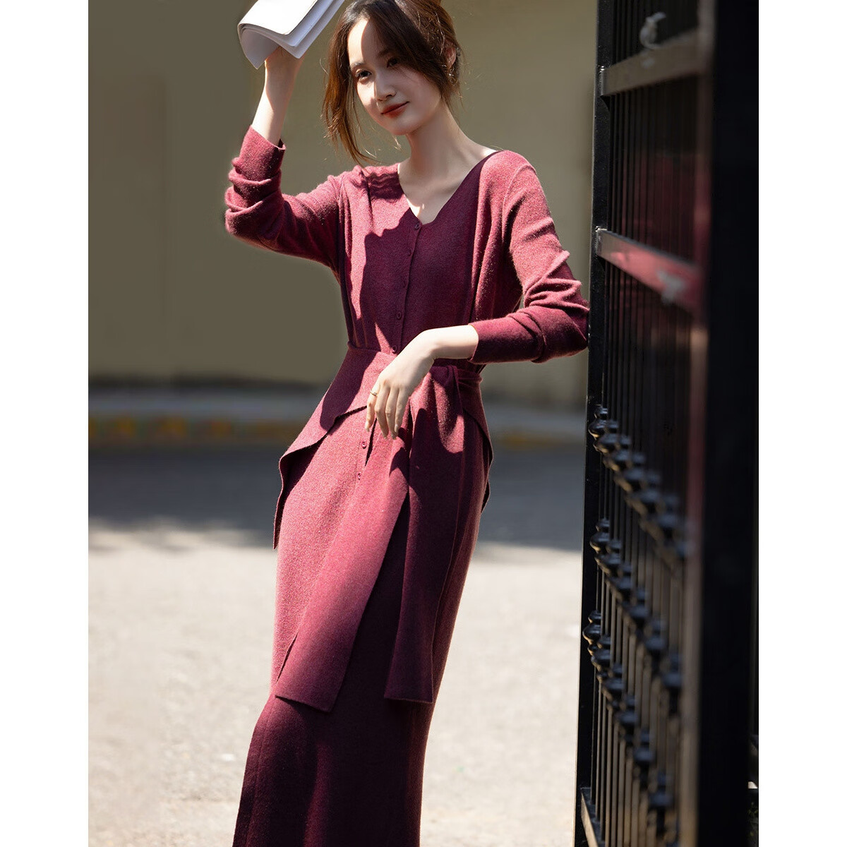 Demana Detachable Shawl Autumn Elegant Slim Velvet Yarn V-Neck Front Slit Mid-Length Women's Dress