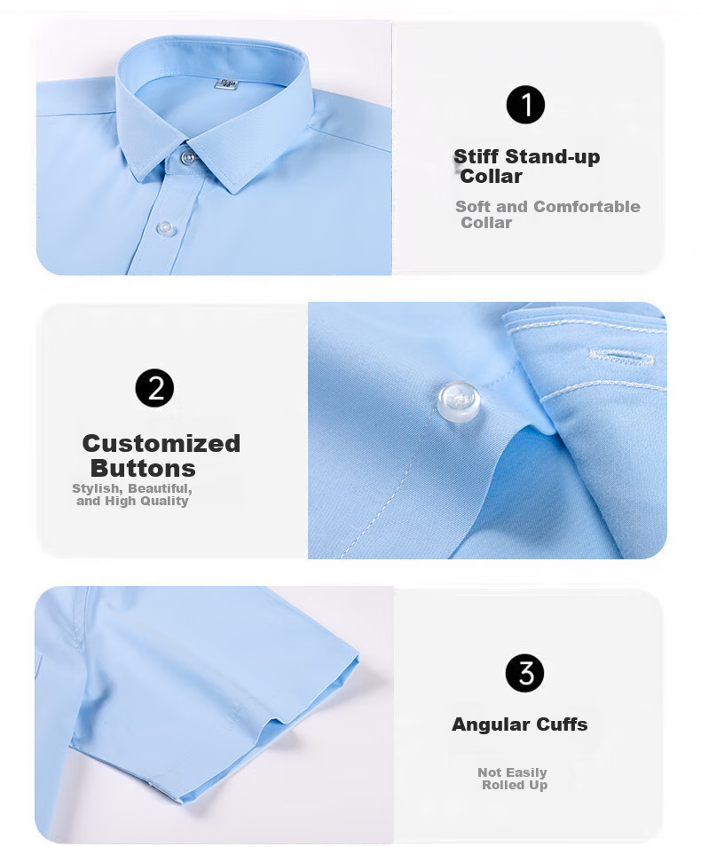 FIRS Men's Shirt, Summer Business Short-Sleeve Shirt, Wrinkle-Free Solid Color Lapel Casual Shirt for Men, Blue Twill 1201, Size 42 8