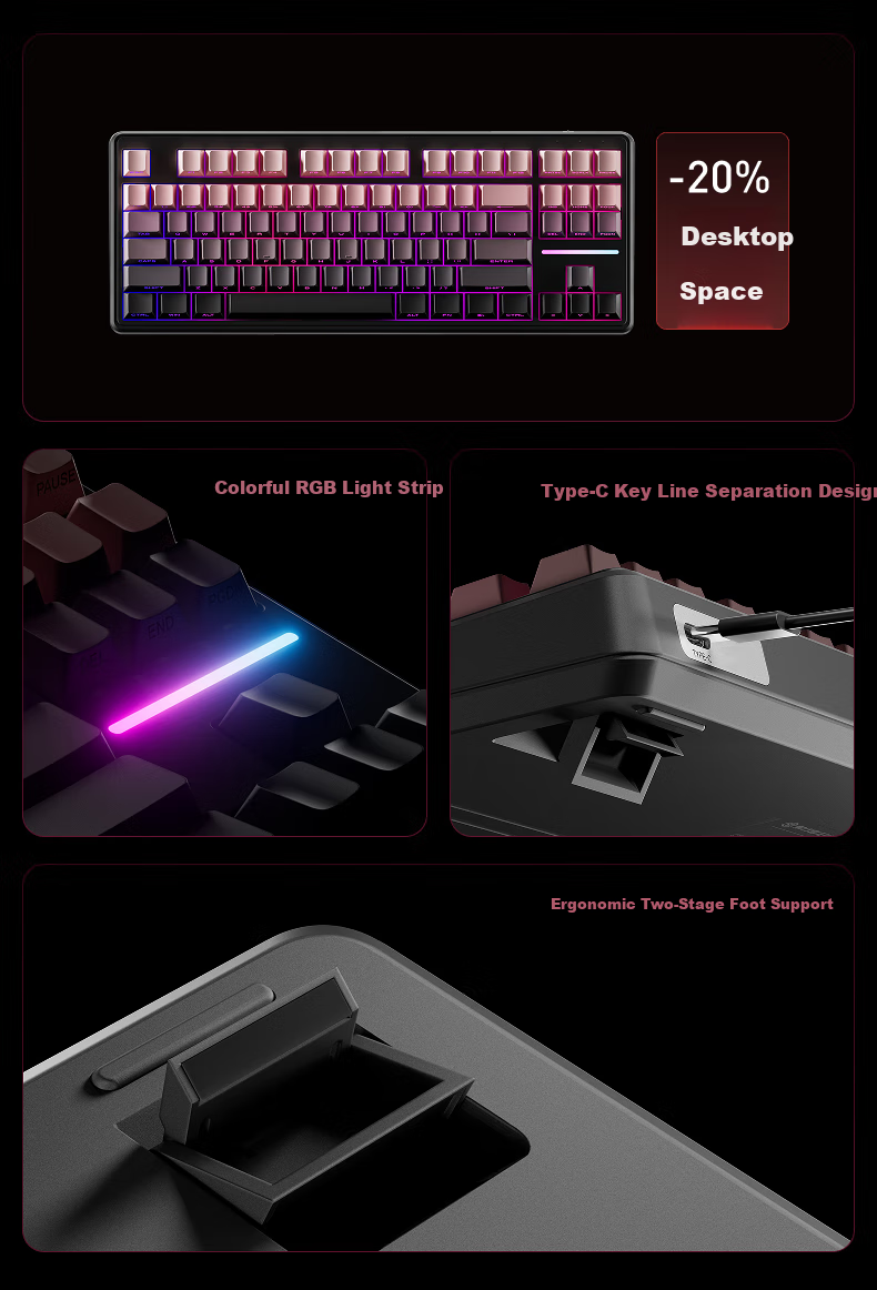 EWEADN V80 Wired Silent Keyboard with Real Mechanical Feel, High Aesthetic Value, Gradient Side Engraving, Portable 87-Key Layout for Women's Office, Laptop Gaming, E-Sports RGB Backlit Peripherals 6