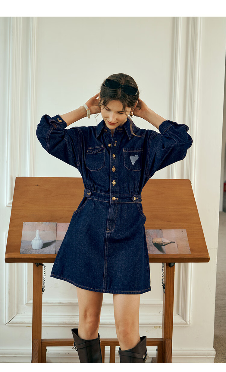 Olrain Eurielle Lapel Denim Dress Women's Autumn Waist-Slim Vintage Petite Dress Prussian Blue L 22
