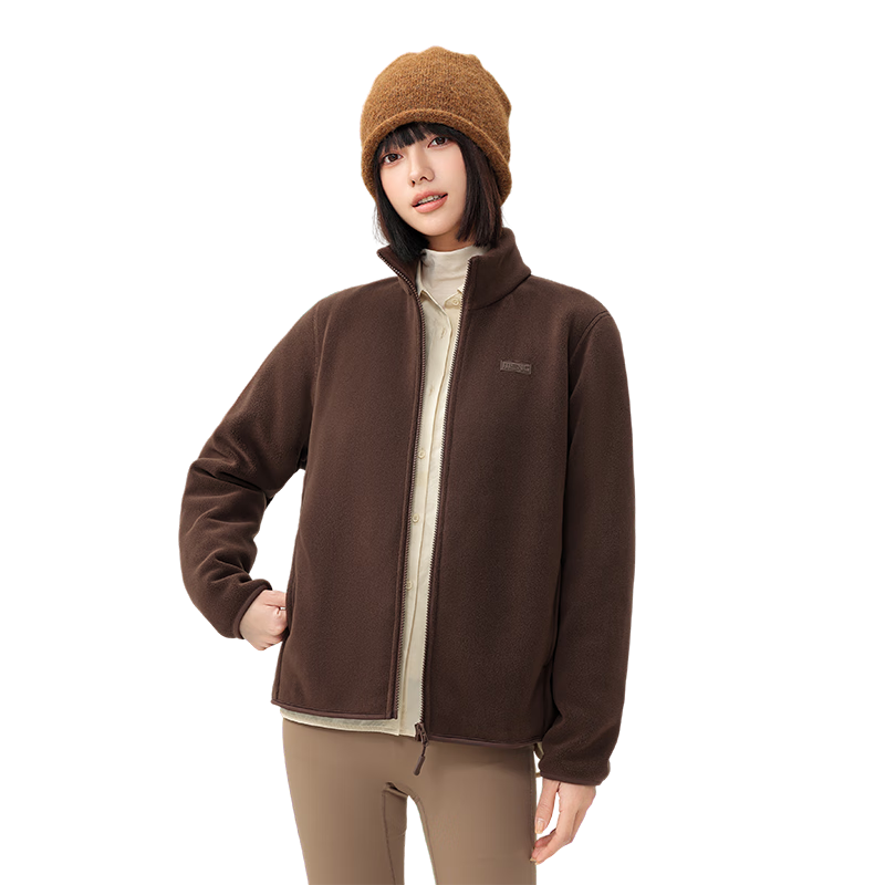 Snow Flying Women's Casual Fashion Windproof Stand Collar Fleece Jacket Coffee Color Lined 2XL