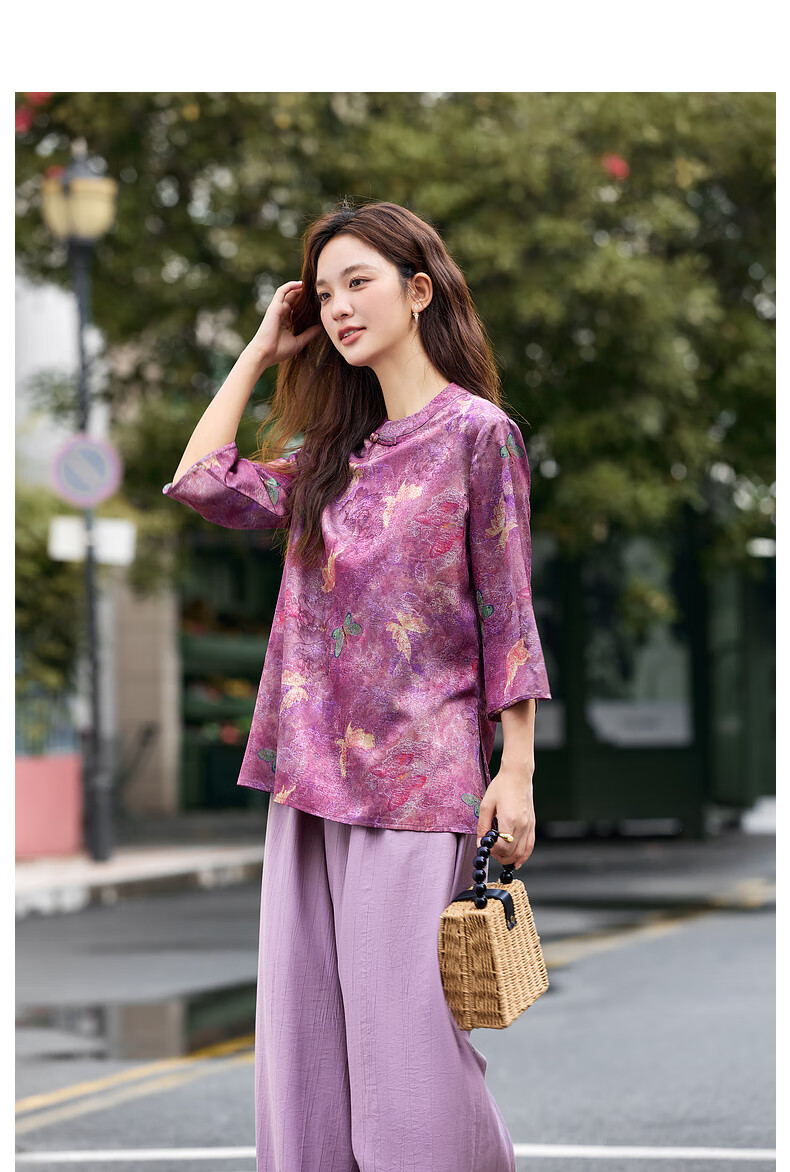 Fanximan New Chinese Style Women's Autumn Set Stand Collar Top Wide Leg Pants Set Purple Floral M 12