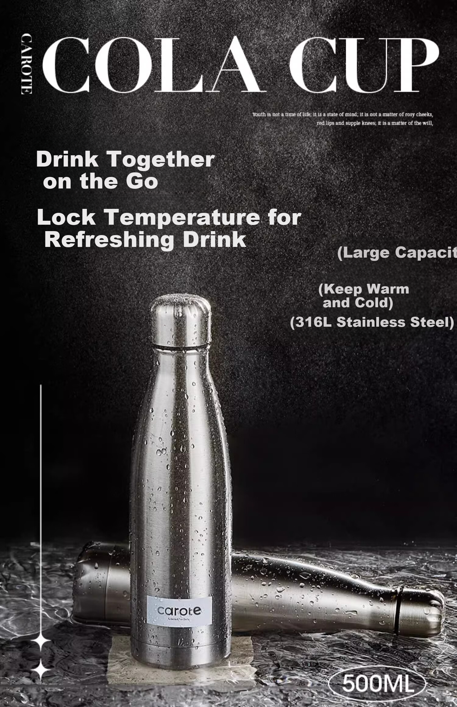 CaROTE Simple Insulated Cup, Sports Water Bottle for Men And Women, Stainless Steel Portable Mug, Cola Bottle 1