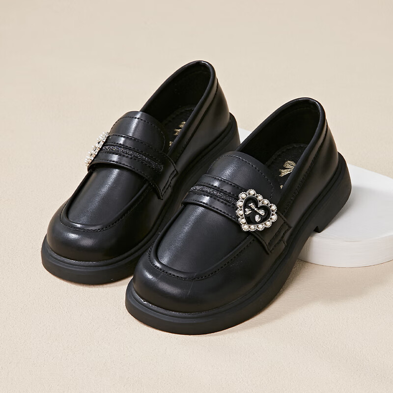 Follow Me Girls' Leather Shoes Spring And Autumn Stylish Soft-Soled Loafers Children's British Style Black Versatile Flats Black Size 32