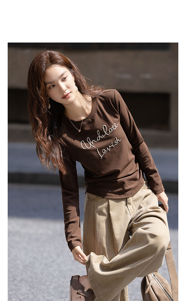 DME "Skin-friendly Cotton Ammonia" Autumn Design Color-blocking Letter Embroidery Round Neck Long Sleeve Petite Elegant Women's T-shirt 8