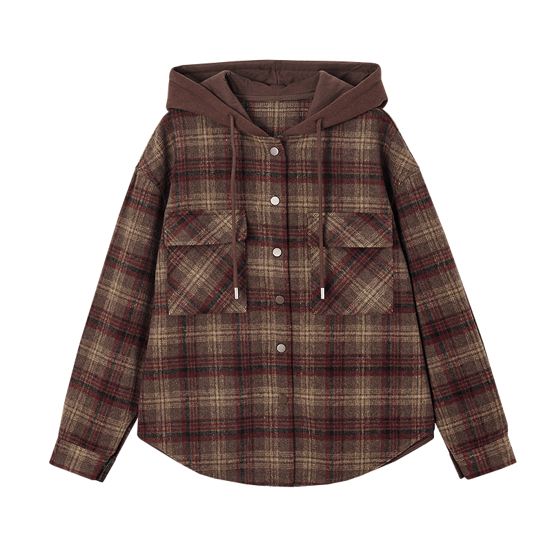 Demana Women's Vintage Millennial Plaid Hooded Loose Fit Adjustable Drawstring Coat with Wool Fleece Lining Winter Warm Jacket