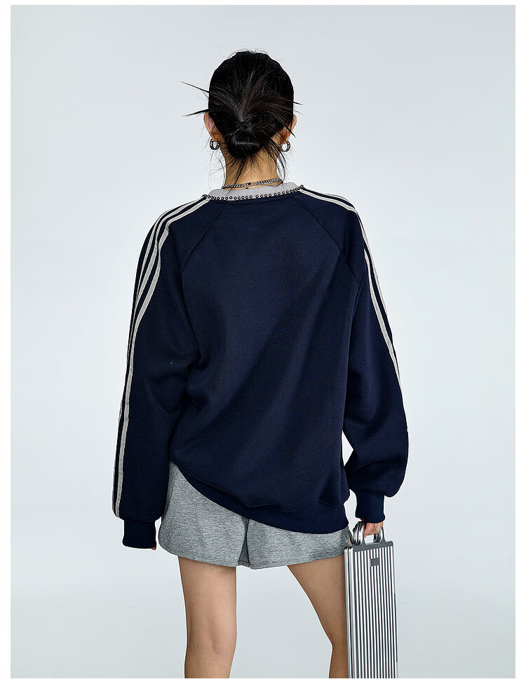 ICH MODE American Style Crewneck Pullover Sweatshirt Vintage Striped Women's Spring Autumn Long Sleeve Loose Sports Jacket Blue M 22