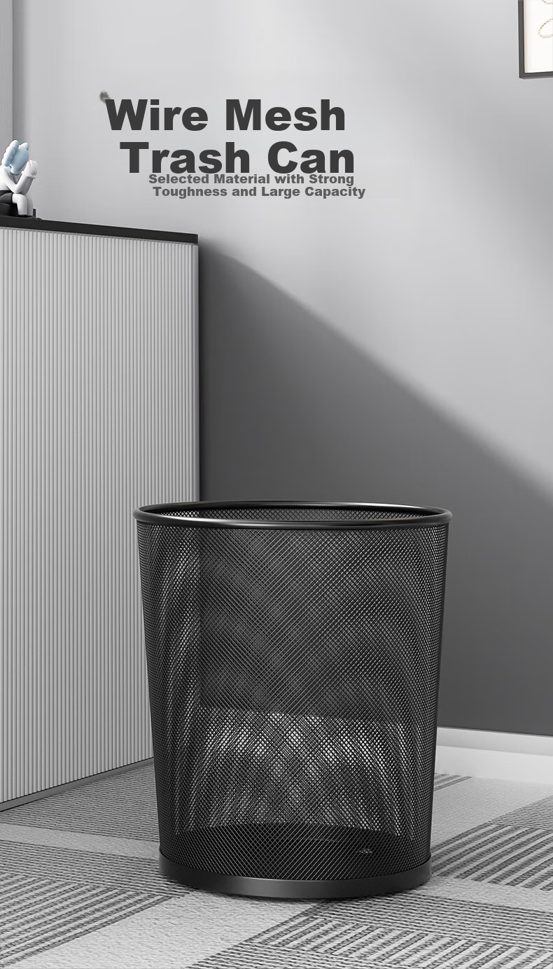 Baijiahaoshi Household Metal Mesh Trash Can without Lid, 12L Round Black, for Living Room Bathroom Bedroom, Wire Mesh Office Wastebasket 1