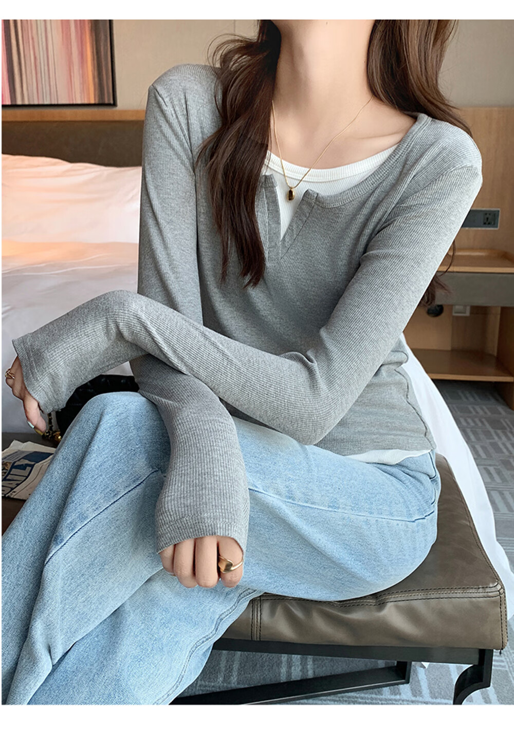 Modal Colorblock Layered Design Slim Fit Long Sleeve T-Shirt for Women New Slim Shoulder Slimming Top 12