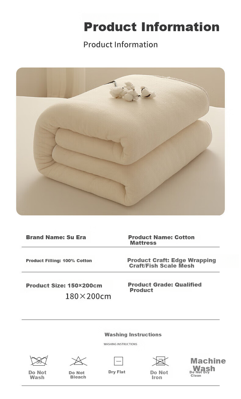 Sushidai Cotton Mattress, 100% Xinjiang Cotton Mattress Pad, Quilt, Cotton Wadding, Bedding, Winter Bedding, 1.8x2 Meters 10