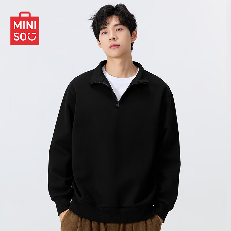 MINISO Men's Half-Zip Hoodie Autumn Heavyweight Cotton Stand Collar Jacket Black XL