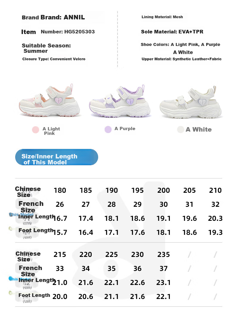 ANNIL Girls' Sandals, Summer New Style, Velcro Closure, Closed-Toe Beach Shoes, Children's Mesh Shoes for Summer, 5303 Light Pink, Size 33 3