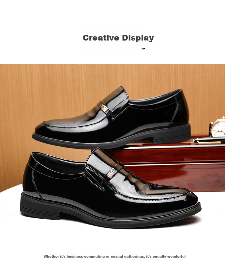 LAORENTOU Leather Shoes for Men, Spring And Autumn Business Formal Shoes, Cowhide Slip-On Patent Leather Shoes, Everyday Men's Shoes, 130361 Black Size 39 10