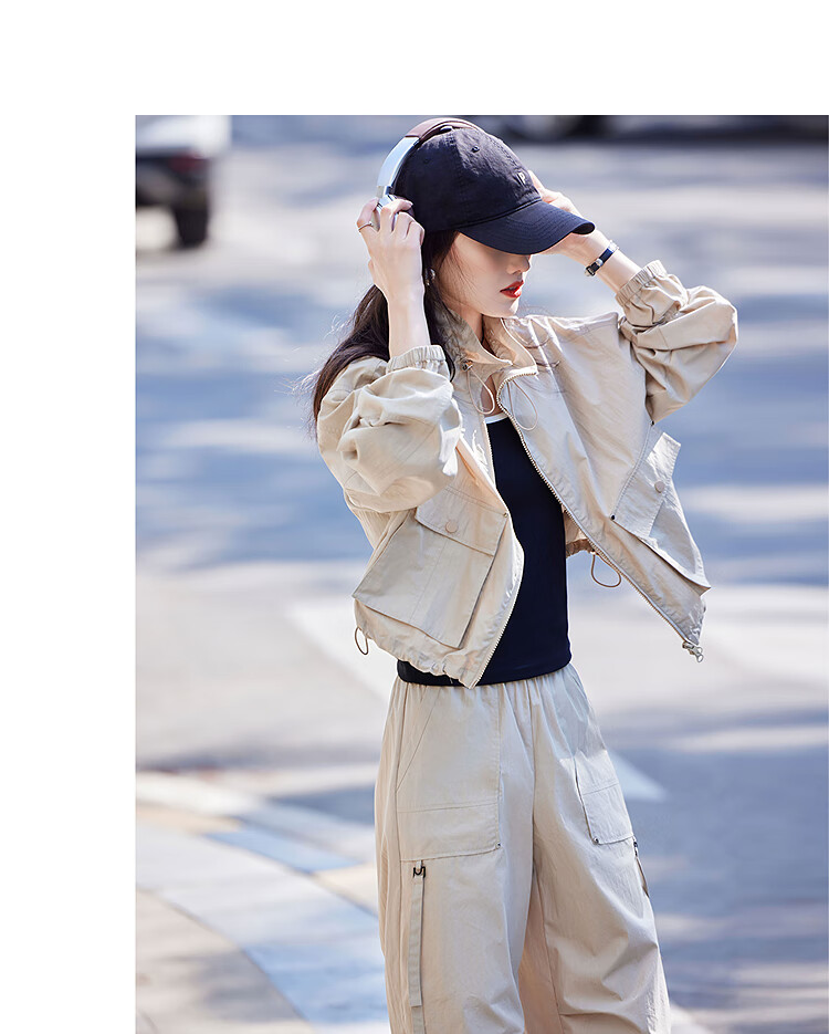 Awakening Paradise 26 Spring New Stand Collar Drawstring Jacket High Waist Cargo Jogger Lightweight Casual Set Navy Blue S 13