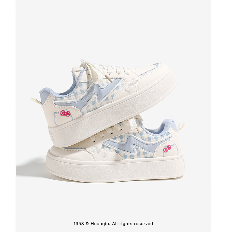 Huanqiu Thick-Soled Versatile Casual Shoes, 2025 Autumn New Style Plaid White Sneakers, Lightweight Student Skateboard Shoes for Women, Beige Blue, Size 38 5