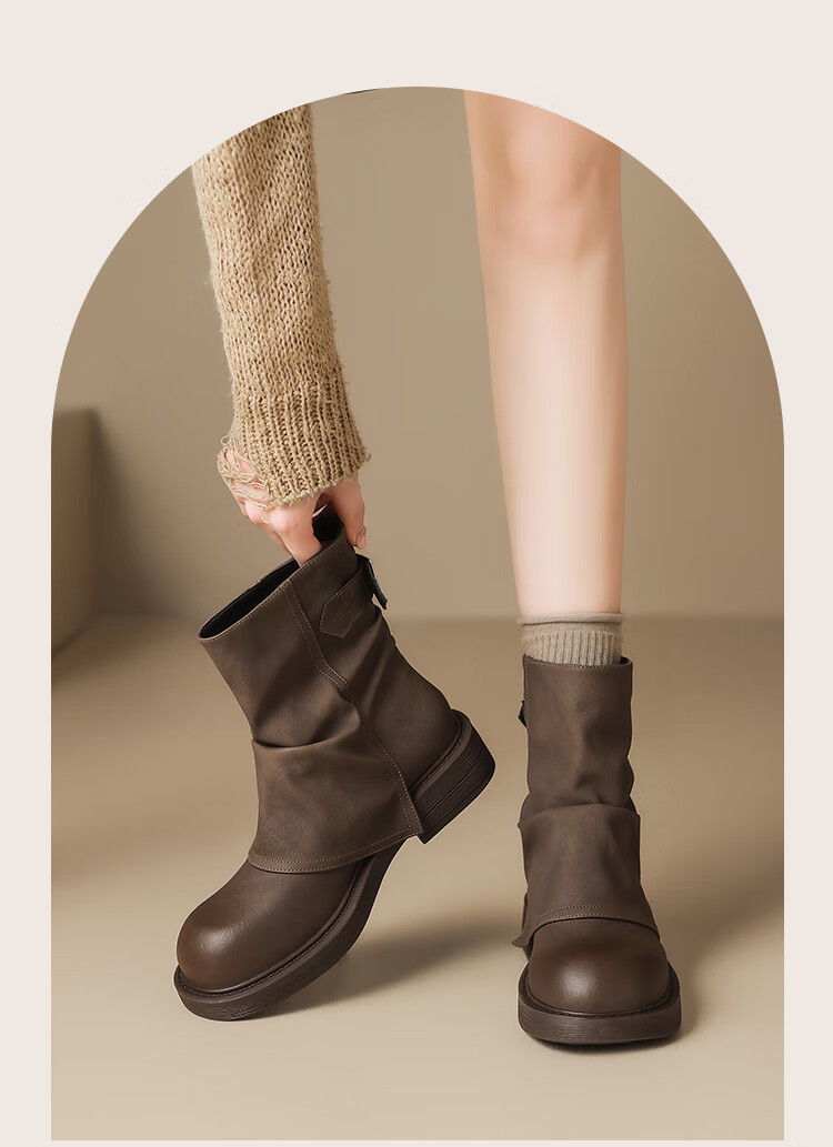 ZHR Women's Martin Boots 2025 New Retro Slimming Short Boots Height Increasing British Style Snow Boots KN191 Brown Size 37 5