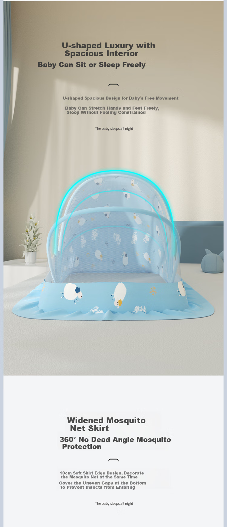 AVIVI Baby Mosquito Net, Child Fall Prevention, Mongolian Foldable Mosquito Net, Blue Sheep Design, Large Size [No Installation Required] 5