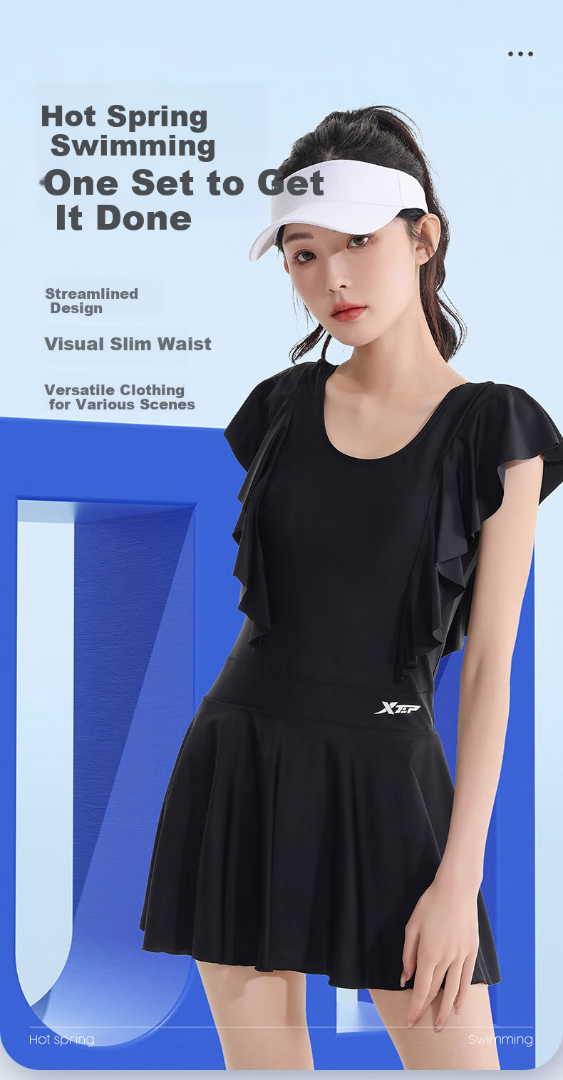 XTEP Women's Swimsuit, Elegant Tummy Control Slimming One-Piece Dress Swimwear, Beach Hot Spring Swimwear, Black, L 1