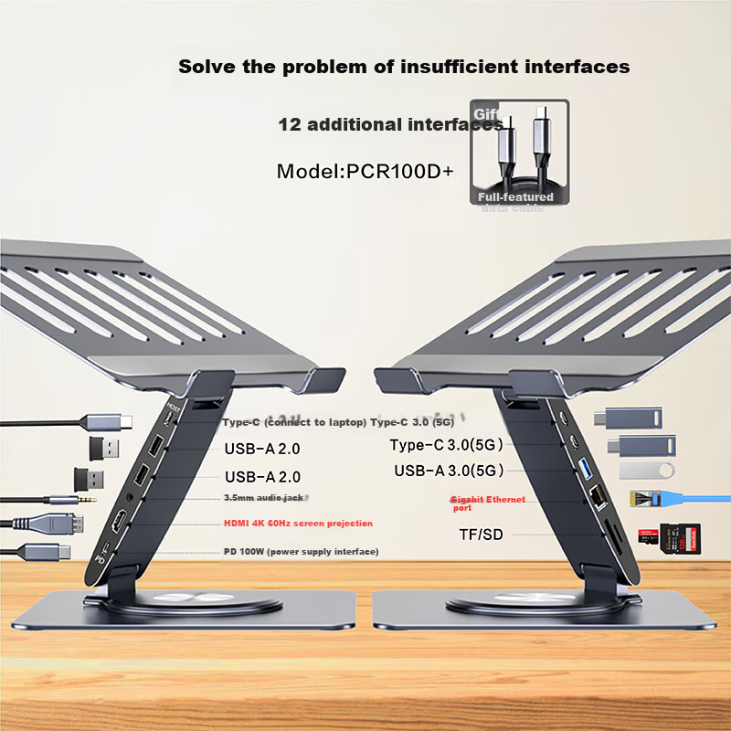 Hanzichen Стойка для ноутбука с док-станцией, 12 портов Type-C, 4K 60Hz, PD100W, алюминиевый сплав, вертикальная подставка, совместимая с Apple, Huawei, Xiaomi