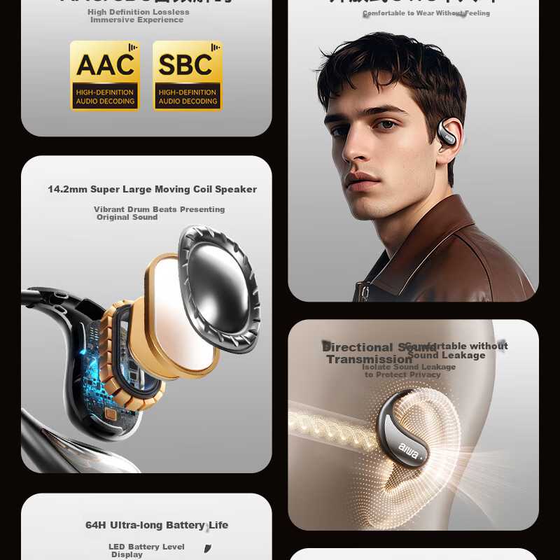 Aiwa AW35 Luxury Leather Texture Bluetooth Ear Hook Open-Ear Sports Running Long Battery Life Headset for Apple Huawei Phones White 3