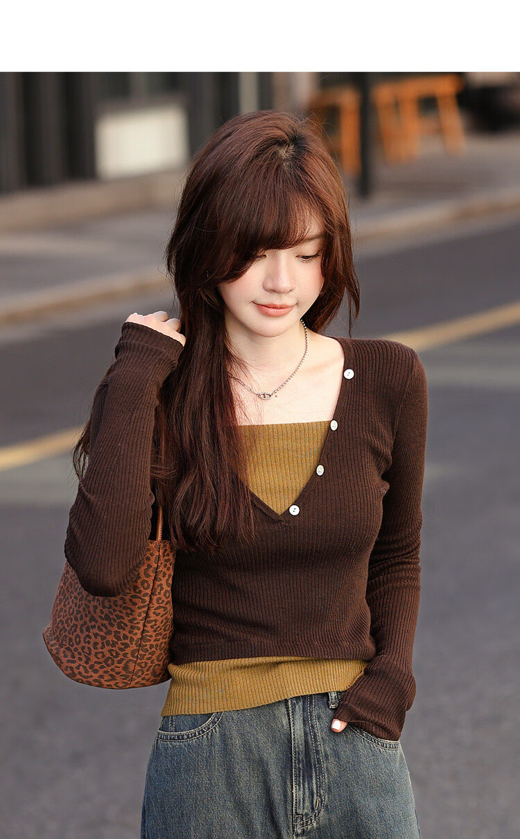 MT Butter Canelé Autumn Vintage Two-Tone Layered Wool Blend Short Knit Sweater for Women 3