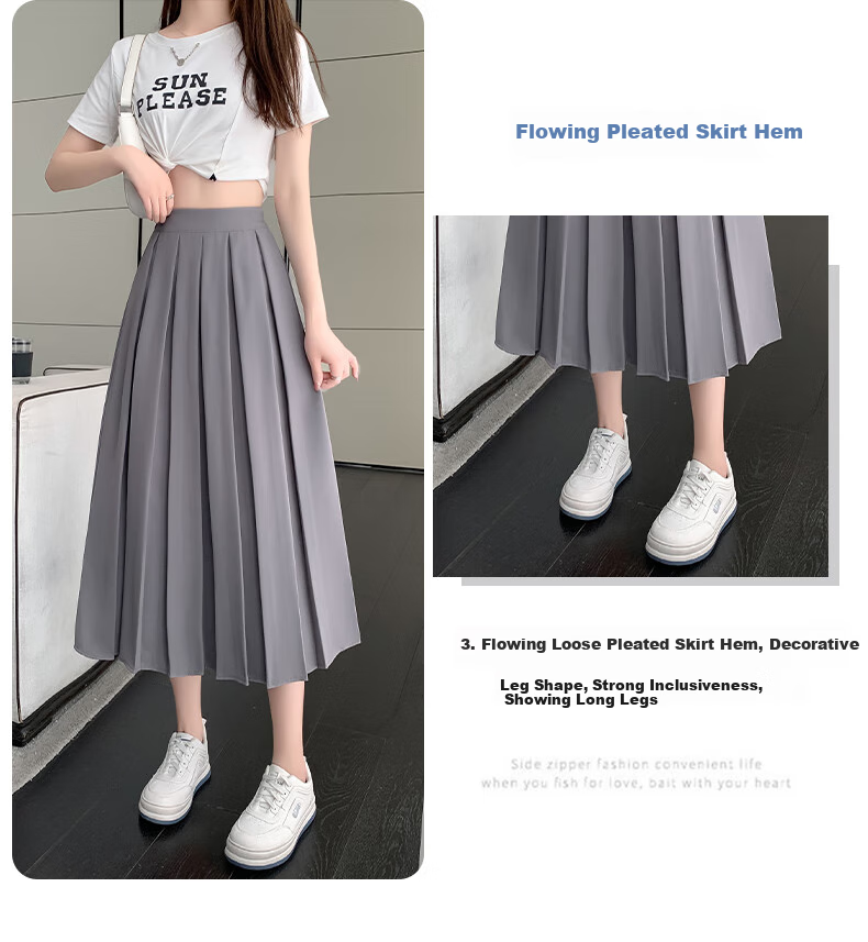 LangSha Pleated Skirt Women's Spring Vintage Mid-Length A-Line Skirt Elastic Waist Slim Fit Suit Umbrella Skirt 7